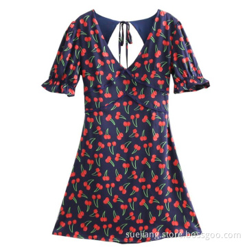 V-neck Bubble Sleeve Cherry Printed Backless dress